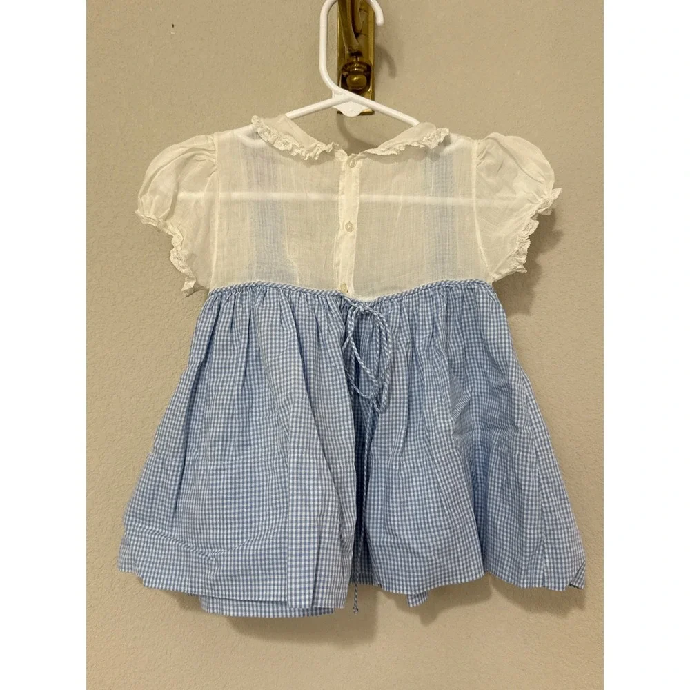 Yolande Dress Baby 6M Blue Gingham Vintage Handmade Lace Embroidered Pinafore